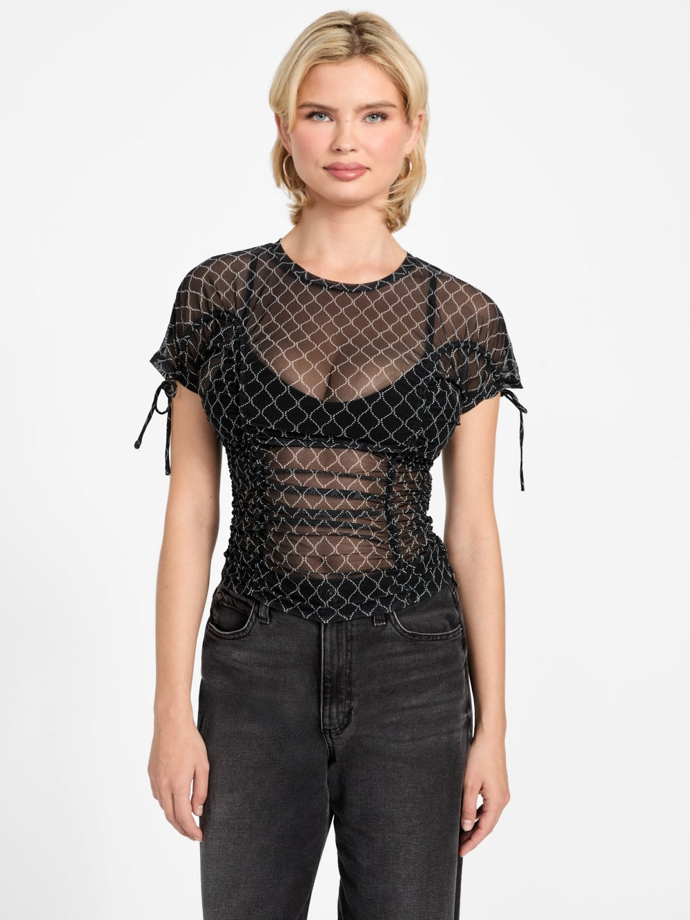 Eco Rhinestone Mesh Shirred Top - Guess