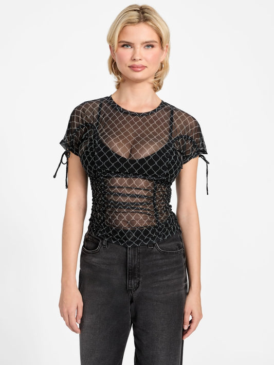 Eco Rhinestone Mesh Shirred Top - Guess