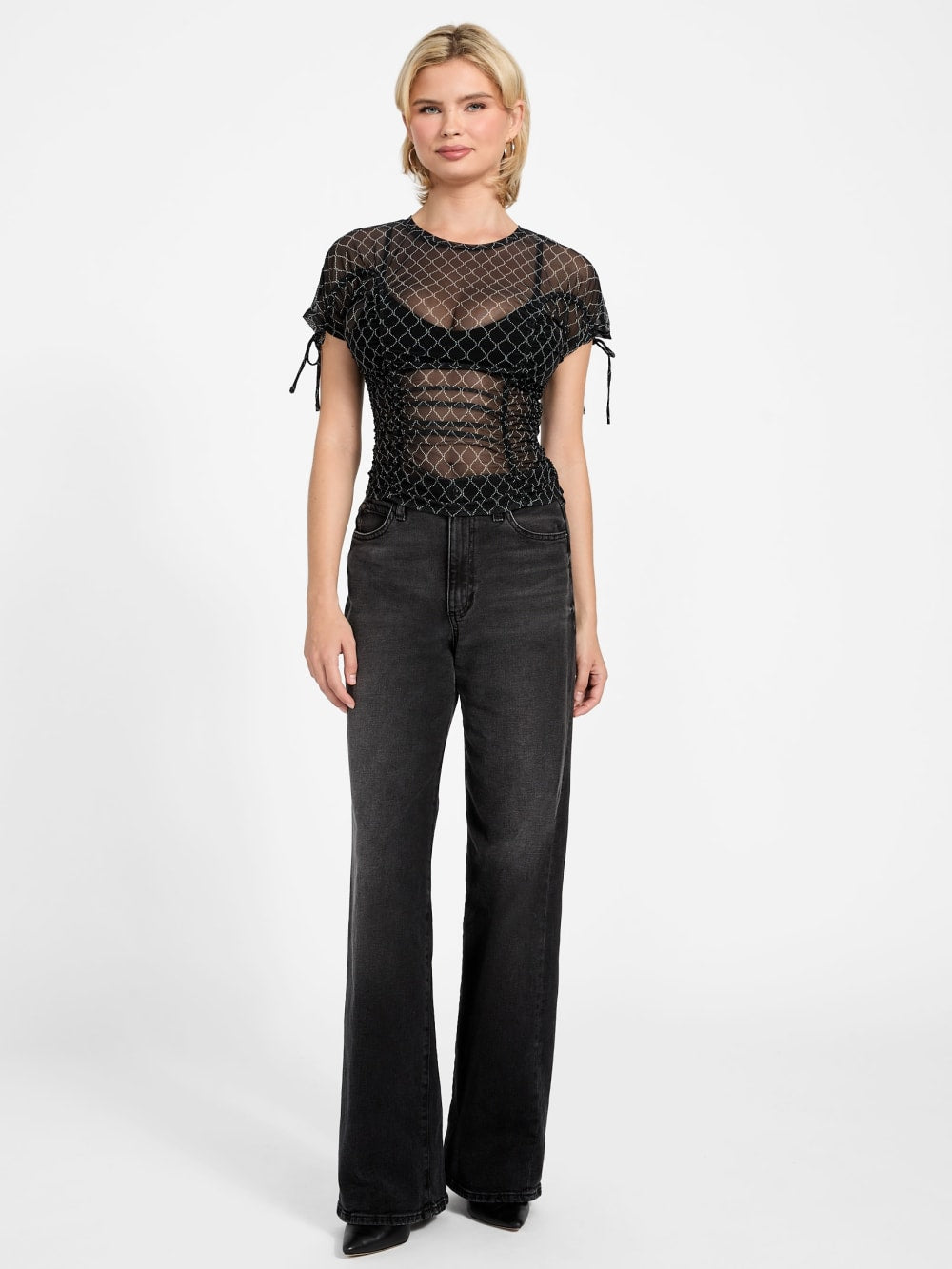 Eco Rhinestone Mesh Shirred Top - Guess