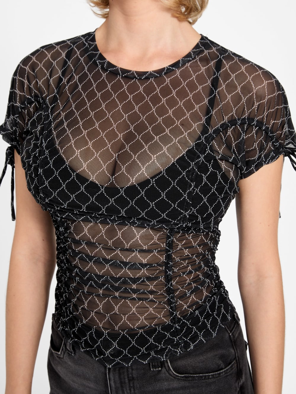 Eco Rhinestone Mesh Shirred Top - Guess