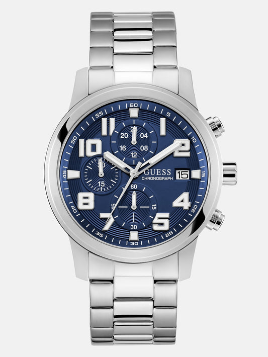 Silver-Tone and Blue Multifunction Watch - Guess