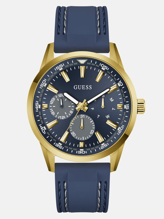 Gold-Tone and Blue Silicone Multifunction Watch - Guess