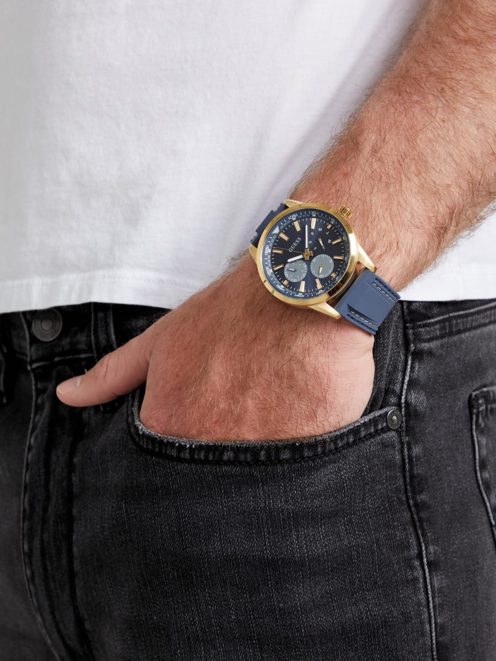 Gold-Tone and Blue Silicone Multifunction Watch - Guess