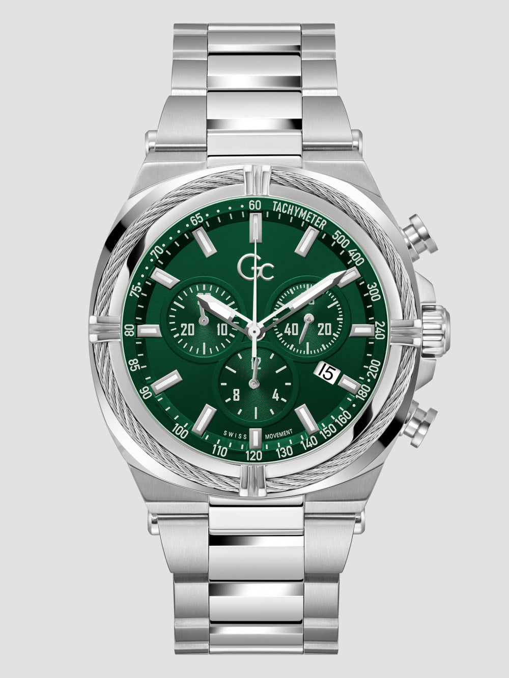 Gc Silver-Tone and Green Chronograph Watch - Guess
