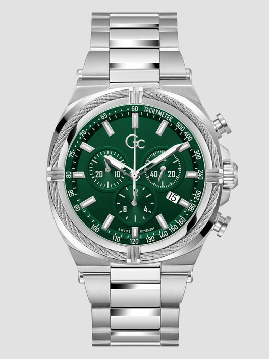 Gc Silver-Tone and Green Chronograph Watch - Guess