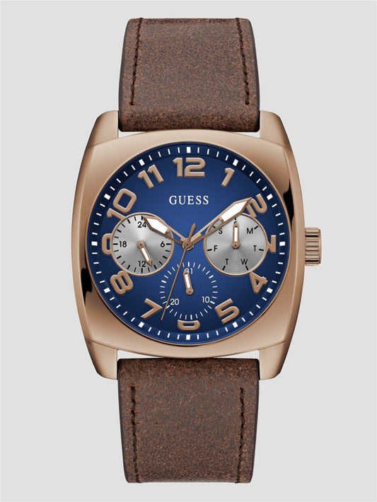 Brown and Blue Leather Multifunction Watch - Guess