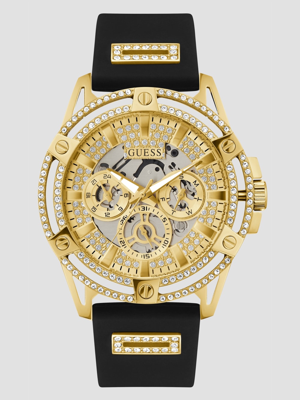 Cut-Through Gold-Tone and Black Silicone Multifunction Watch - Guess