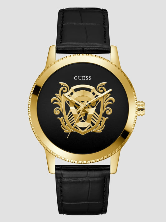 Gold-Tone and Black Analog Leather Watch - Guess