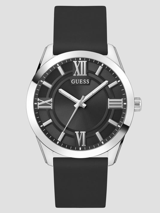 Silver-Tone and Black Silicone Analog Watch - Guess