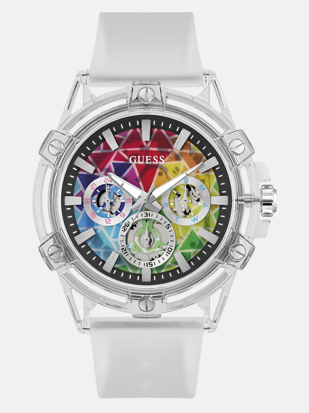 Rainbow Mosaic and White Silicone Multifunction Watch - Guess