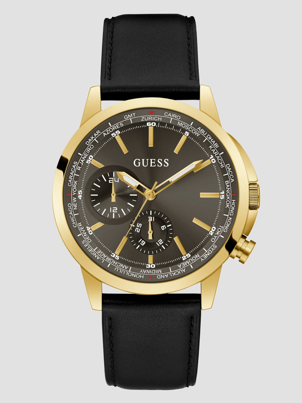 Gold-Tone and Black Leather Multifunction Watch - Guess