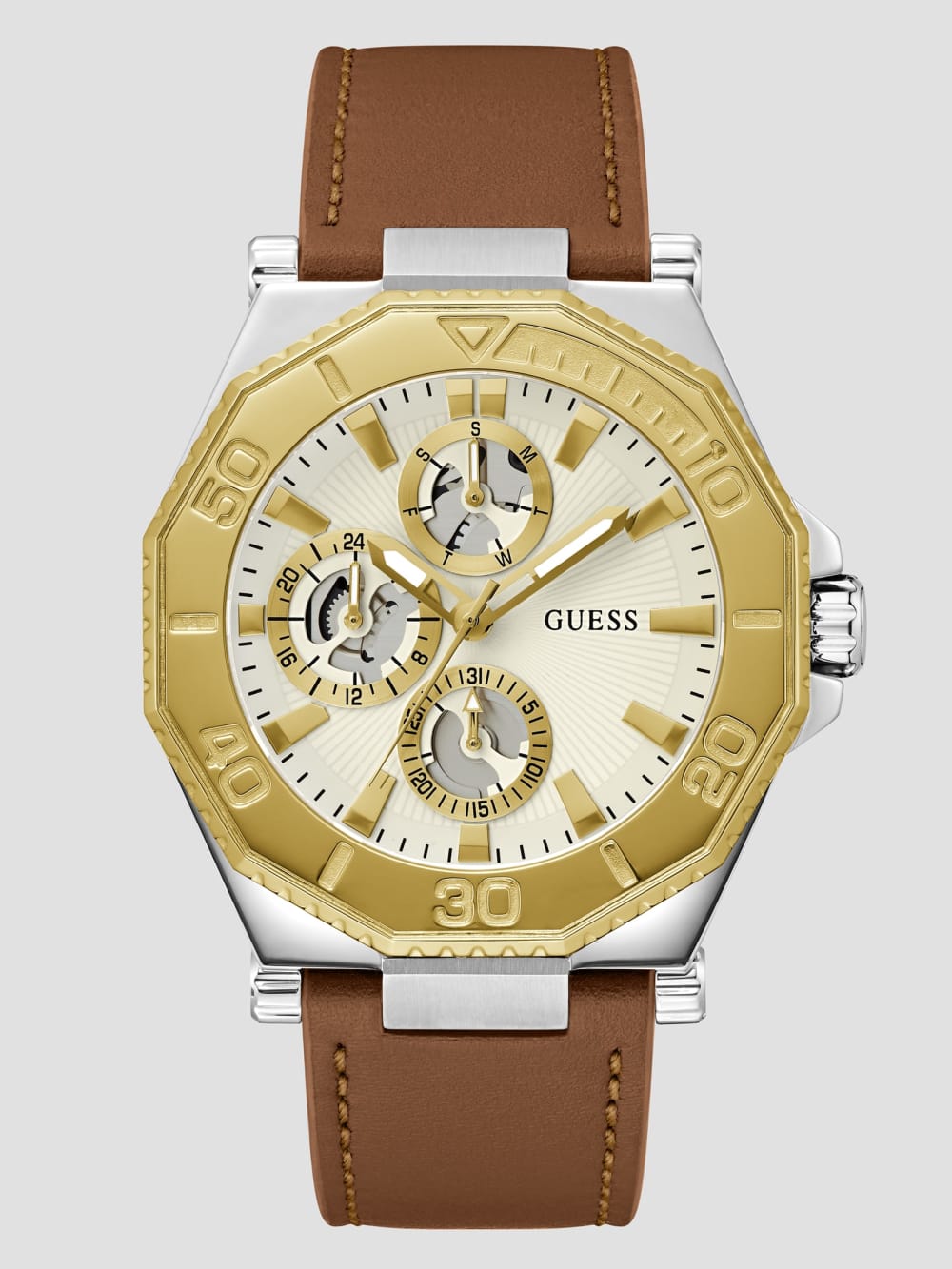 Two-Tone and Brown Leather Multifunction Watch - Guess