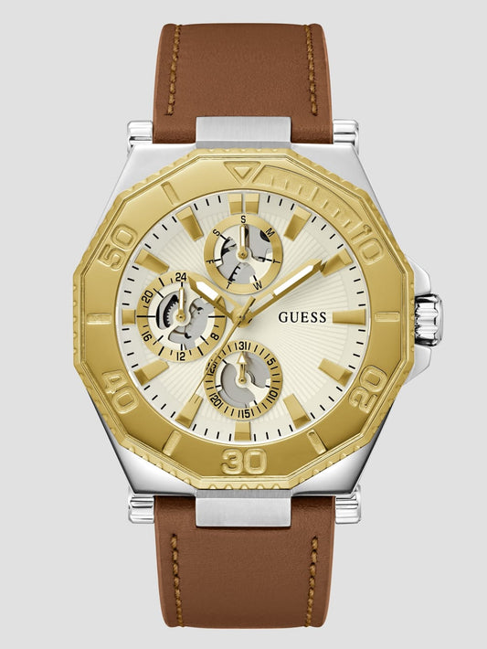 Two-Tone and Brown Leather Multifunction Watch - Guess