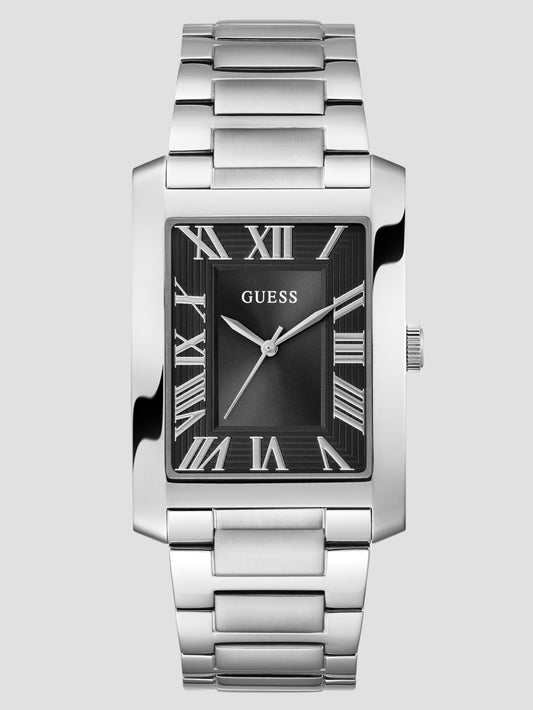 Silver-Tone and Black Square Analog Watch - Guess