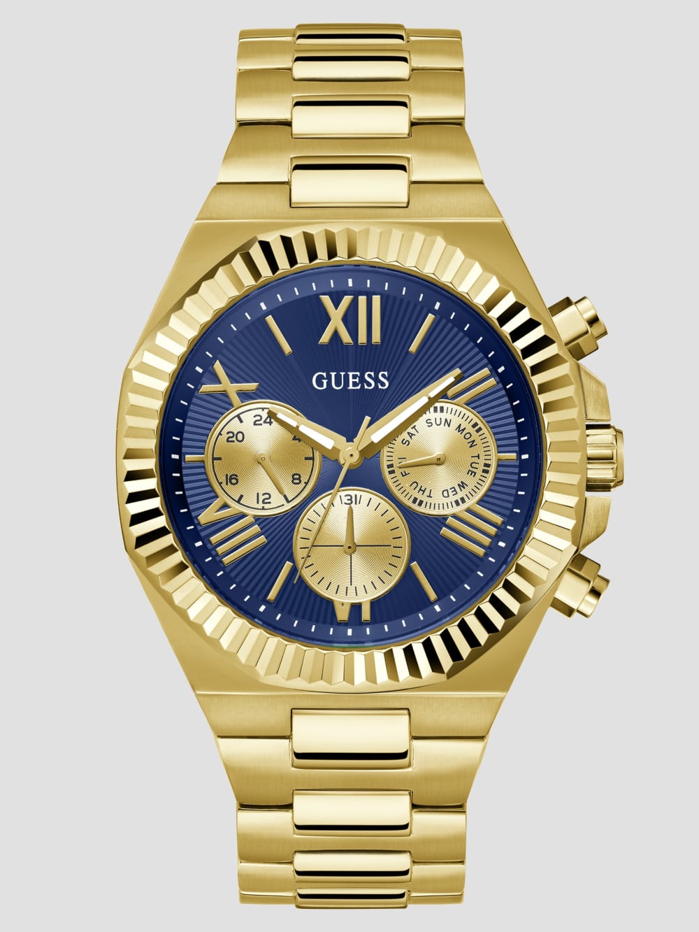 Ridged Gold-Tone and Blue Multifunction Watch - Guess