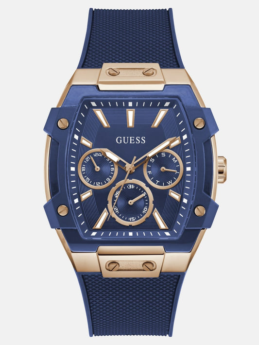Rose Gold-Tone and Blue Silicone Multifunction Watch - Guess
