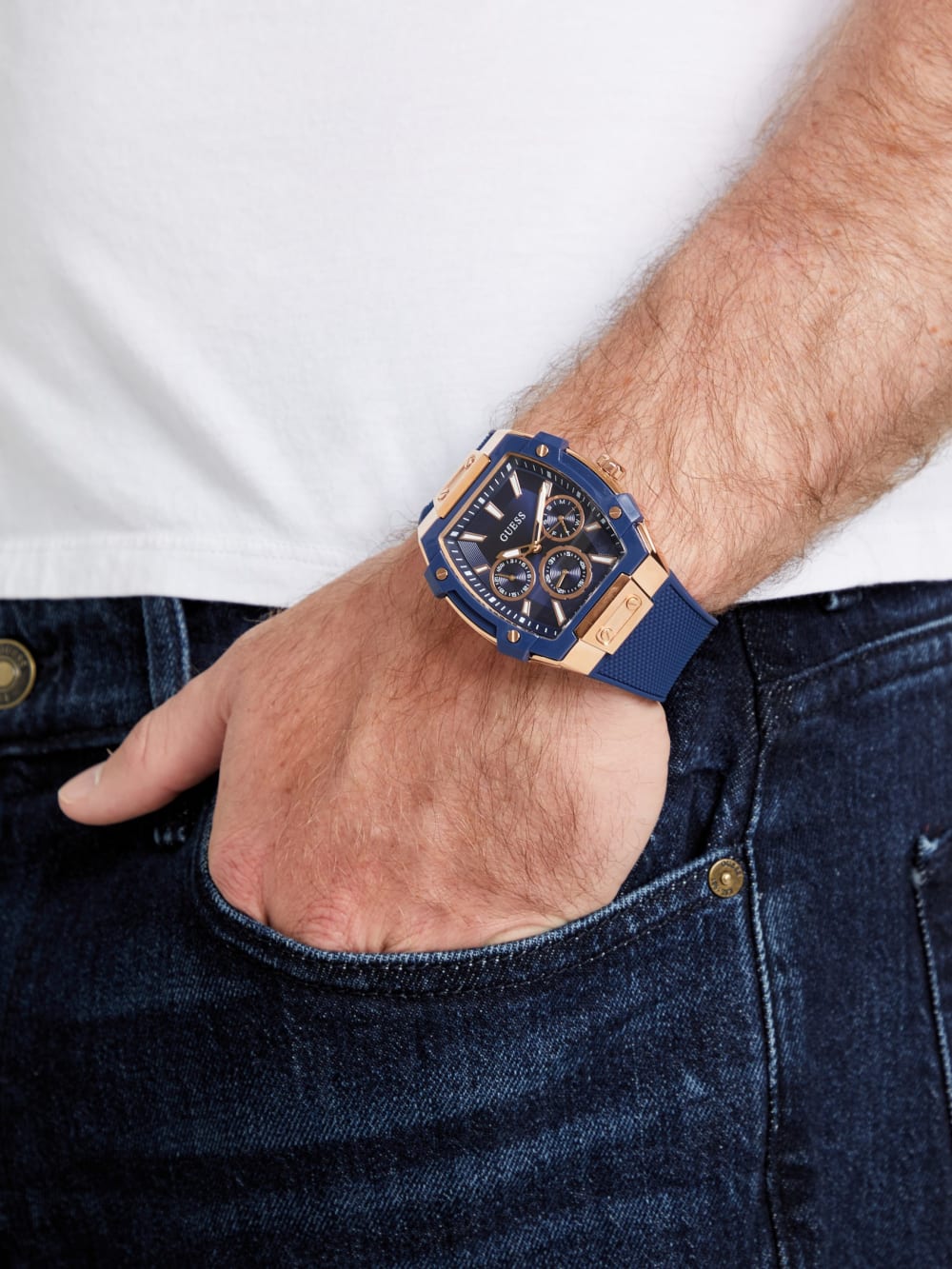 Rose Gold-Tone and Blue Silicone Multifunction Watch - Guess