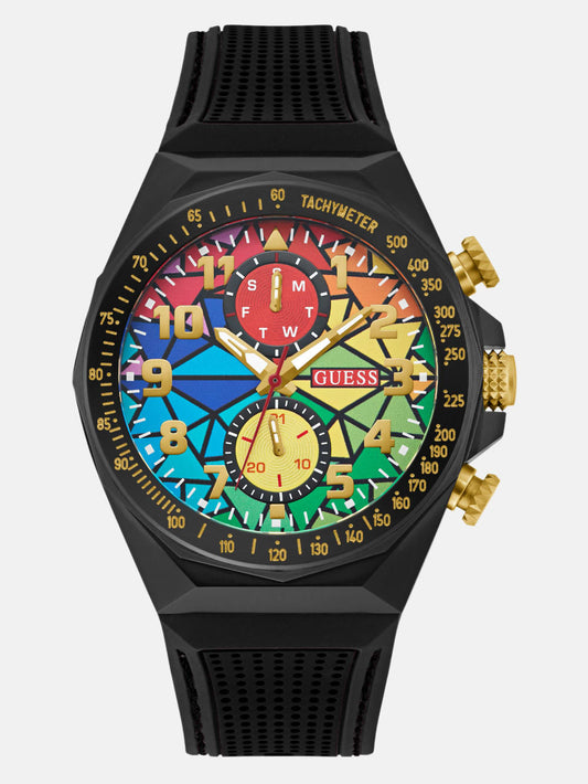 Rainbow Mosaic and Black Silicone Chronograph Watch - Guess