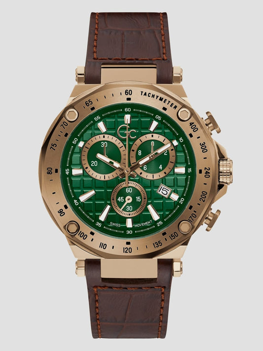 Gc Gold-Tone and Brown Leather Chronograph Watch - Guess