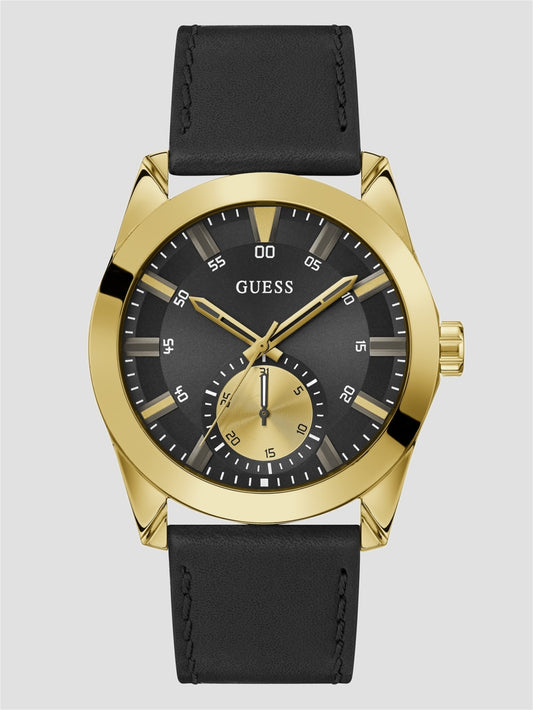 Black and Gold-Tone Multifunction Leather Watch - Guess