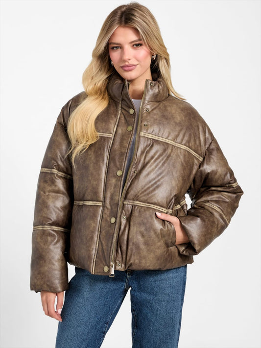 Washed Faux-Leather Puffer Jacket - Guess