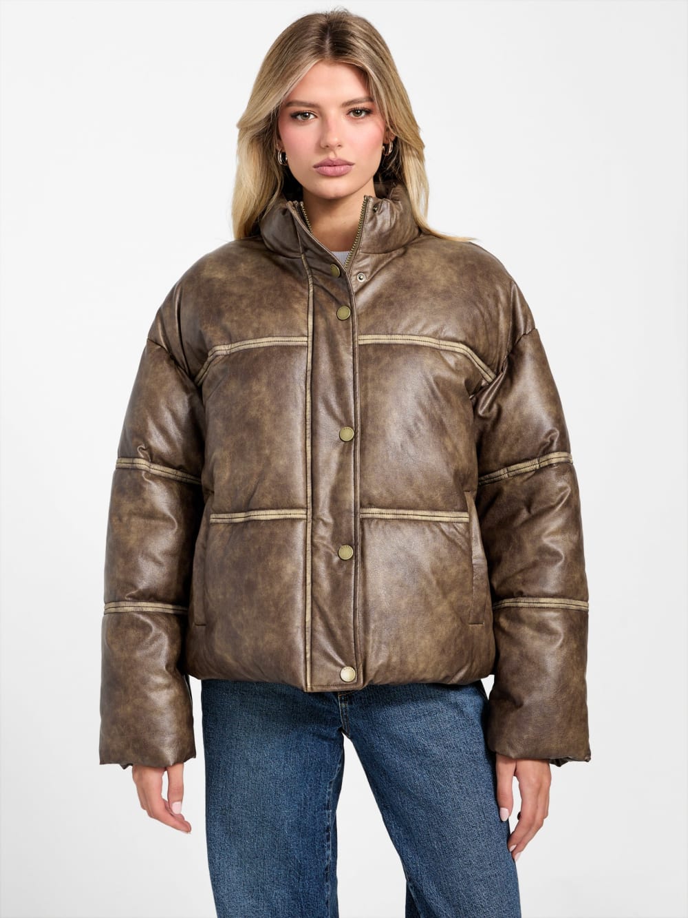 Washed Faux-Leather Puffer Jacket - Guess