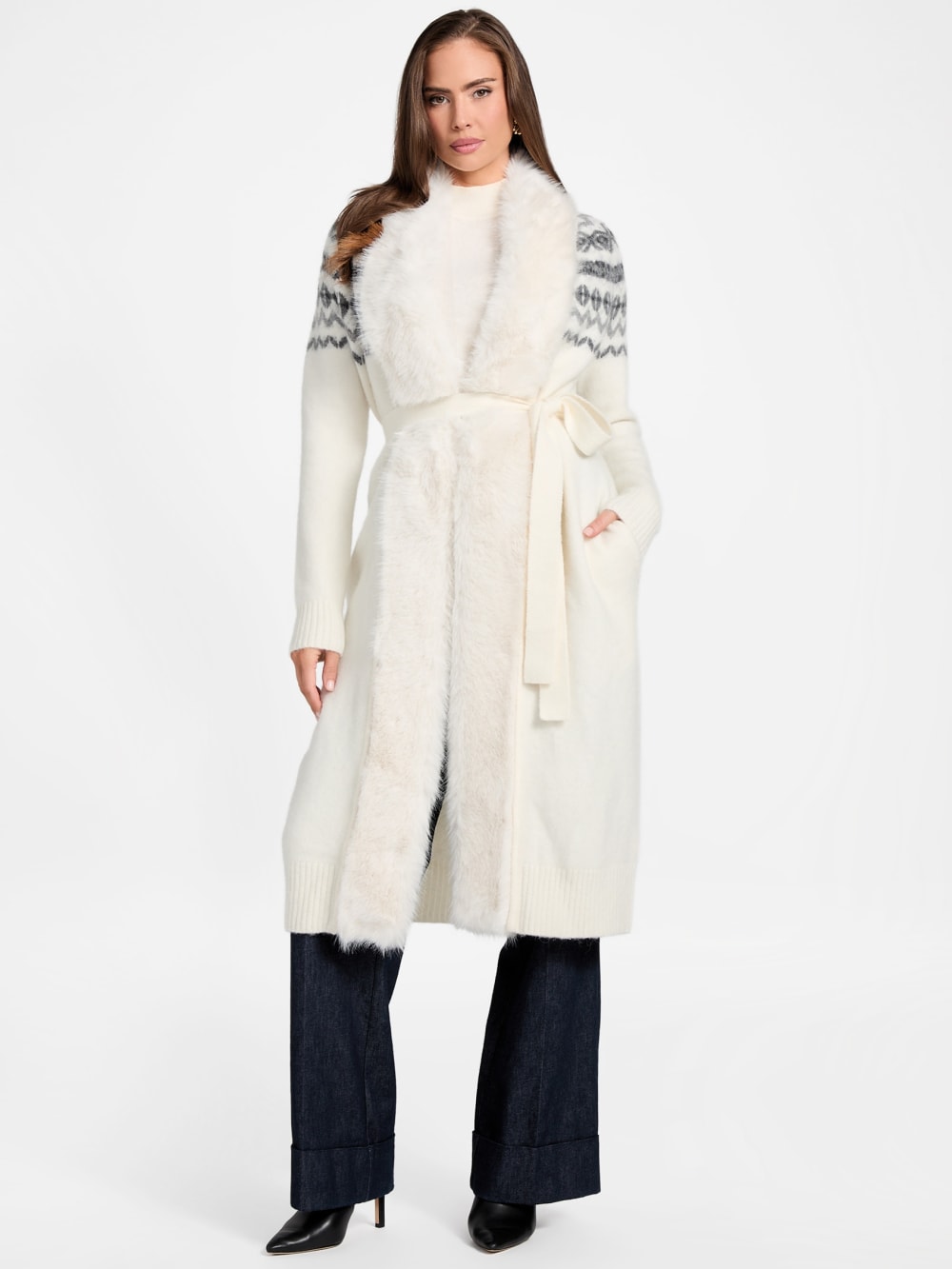 Akilah Faux Fur-Trim Longline Cardigan - Guess