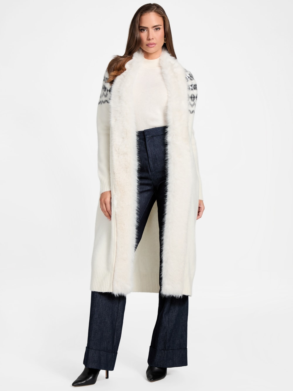 Akilah Faux Fur-Trim Longline Cardigan - Guess