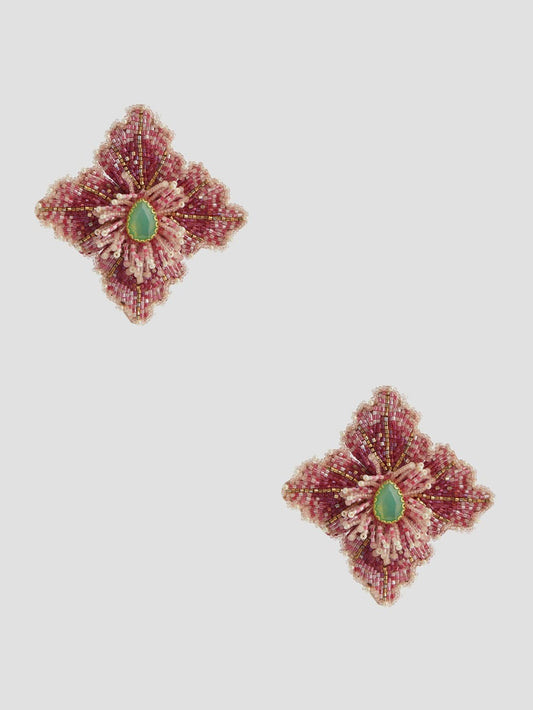 Pink Beaded Hibiscus Stud Earrings - Guess