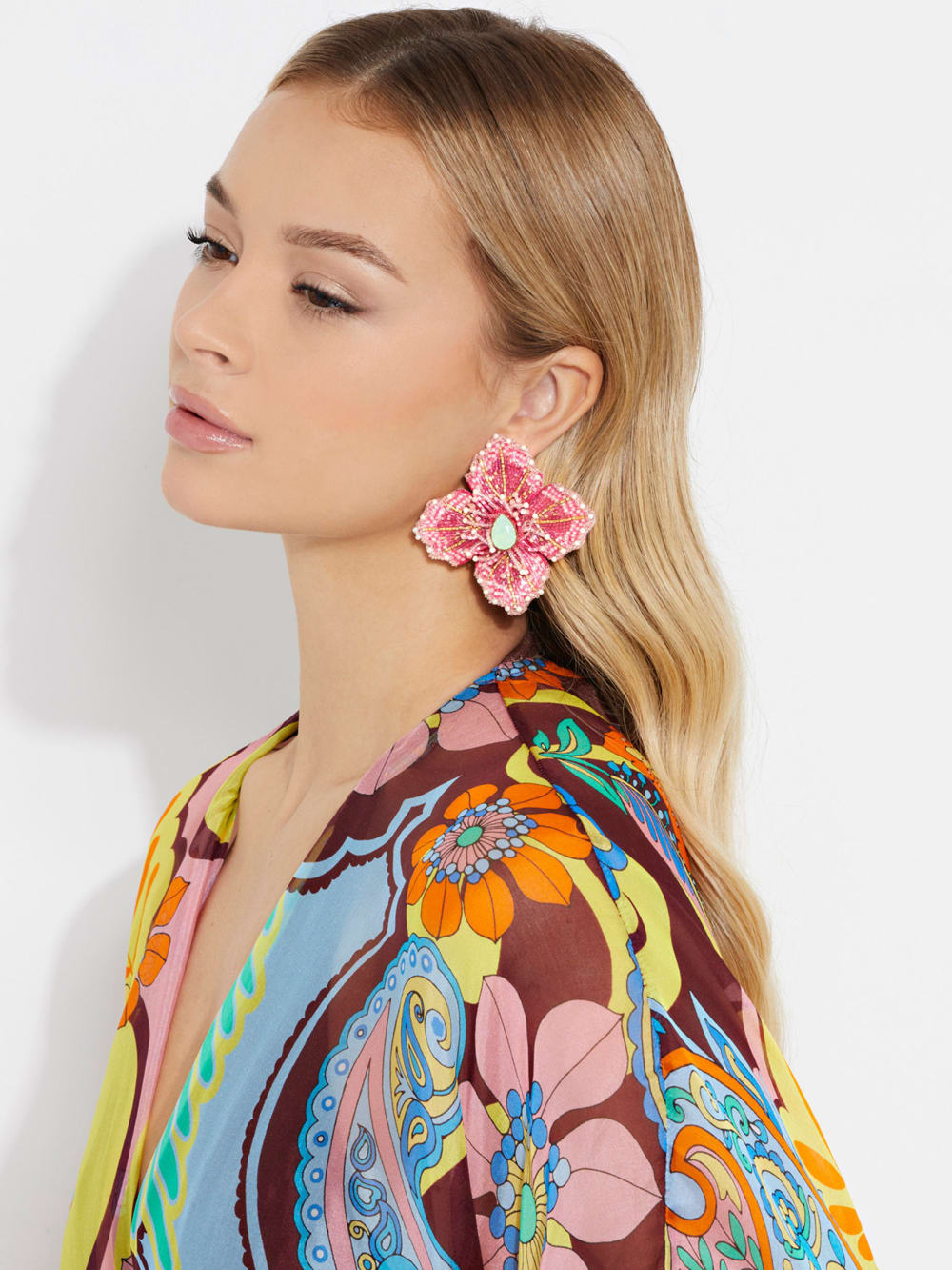Pink Beaded Hibiscus Stud Earrings - Guess