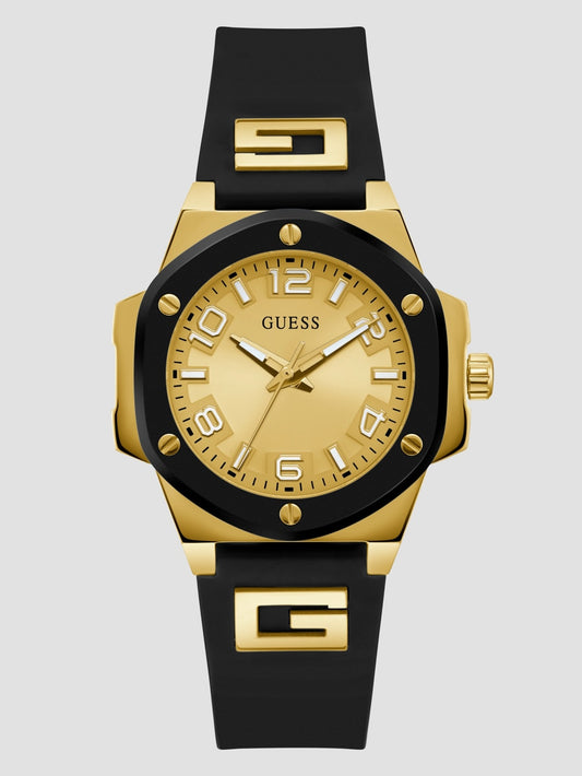 Gold-Tone and Black Silicone Analog Watch - Guess