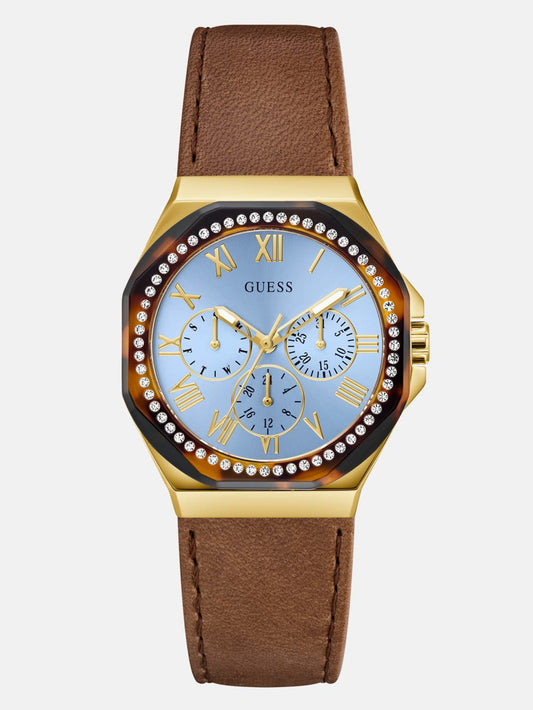 Multi-Tone and Brown Leather Multifunctional Watch - Guess