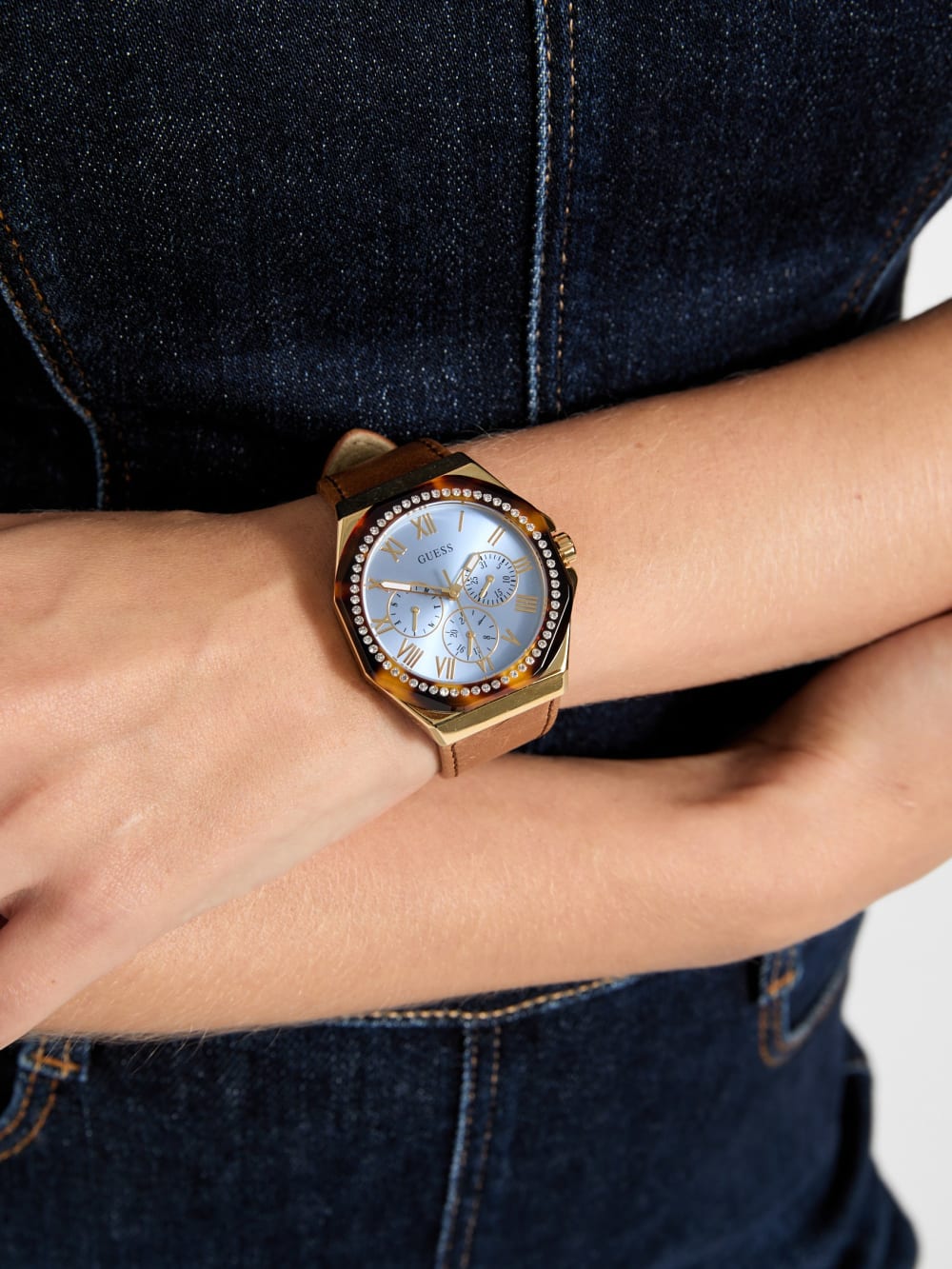 Multi-Tone and Brown Leather Multifunctional Watch - Guess