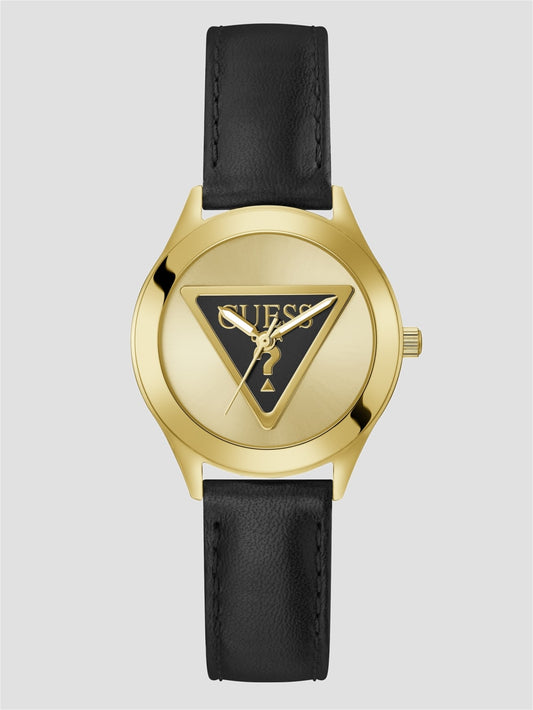 Gold-Tone and Leather Analog Logo Watch - Guess