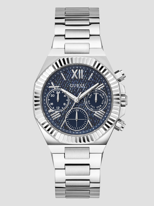 Silver-Tone and Denim Multifunction Watch - Guess