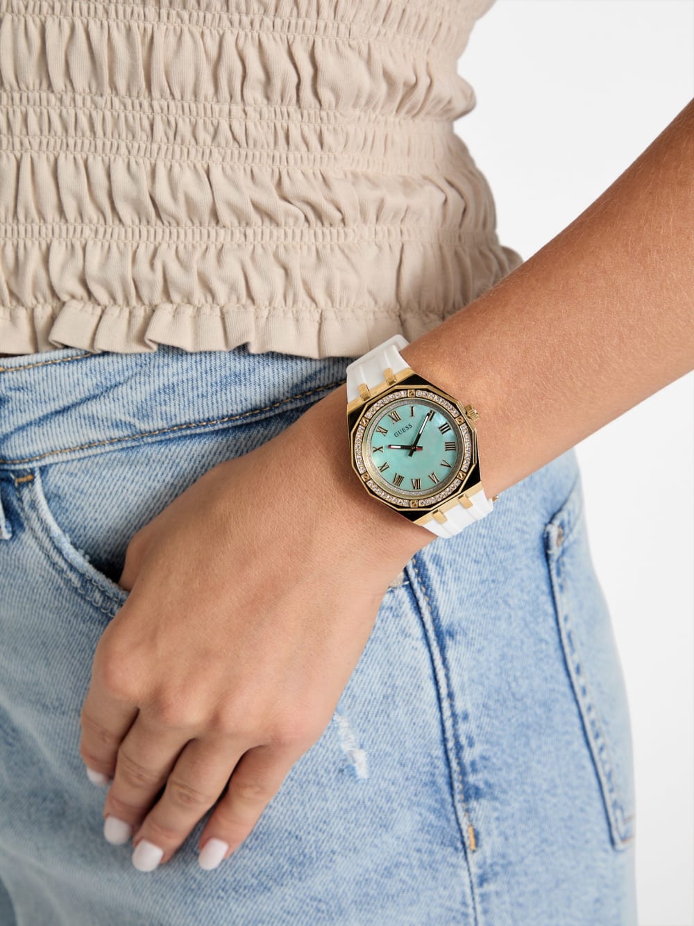Gold-Tone and White Analog Watch - Guess