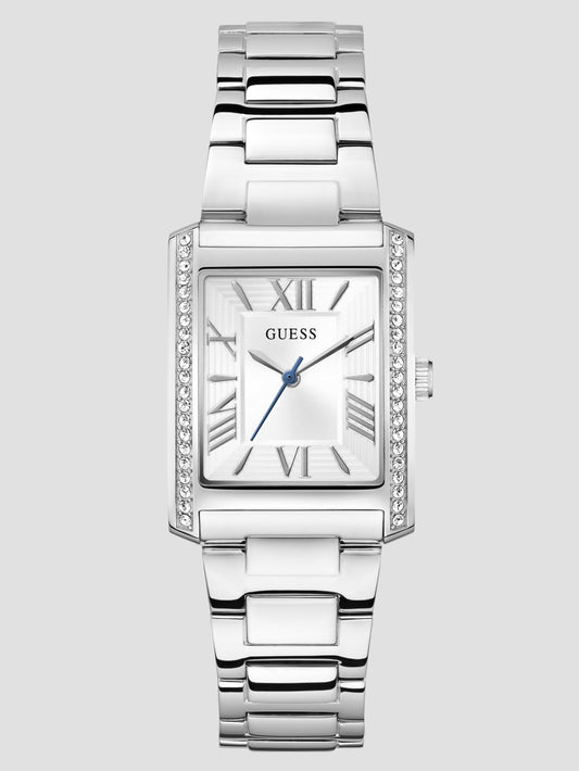 Silver-Tone Crystal Square Analog Watch - Guess