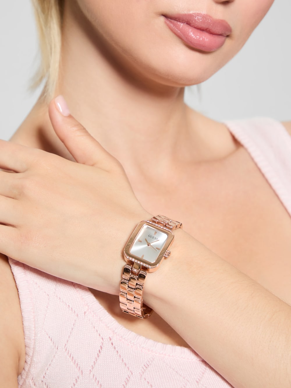 Rose Gold-Tone Textured Square Analog Watch - Guess
