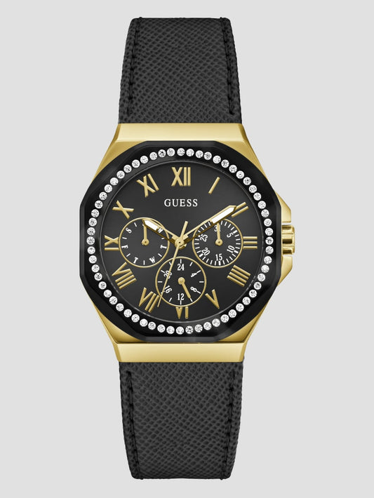 Black Leather Chronograph Watch - Guess