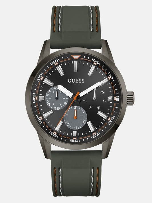 Dark Silver-Tone and Green Silicone Multifunction Watch - Guess