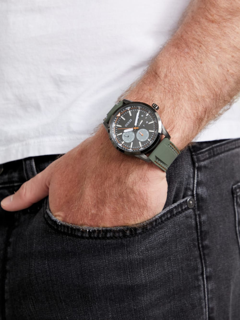 Dark Silver-Tone and Green Silicone Multifunction Watch - Guess