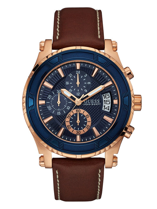 Brown and Rose Gold-Tone Leather Sport Watch - Guess