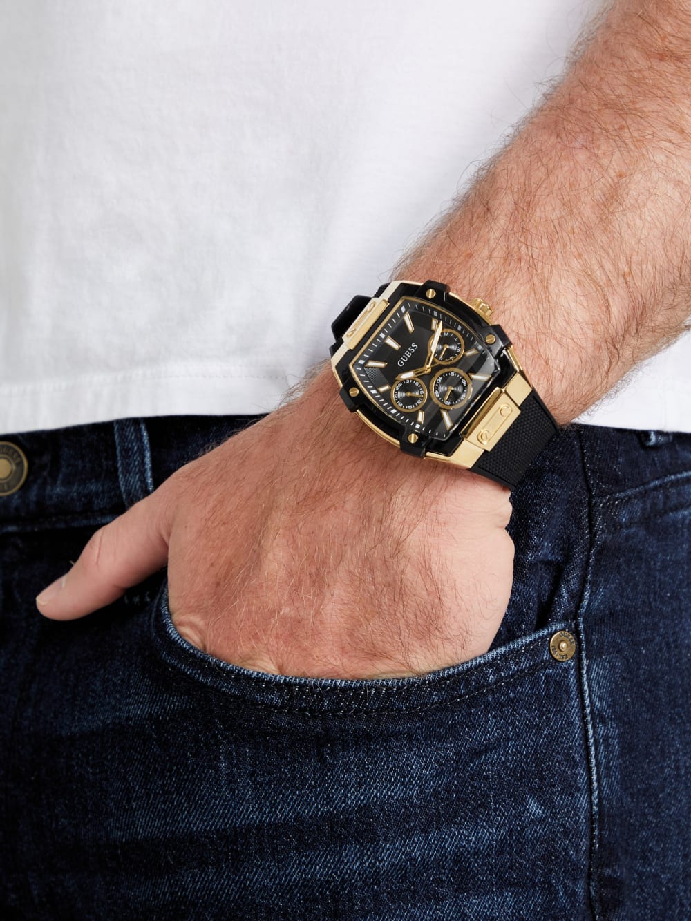 Gold-Tone and Black Silicone Multifunction Watch - Guess