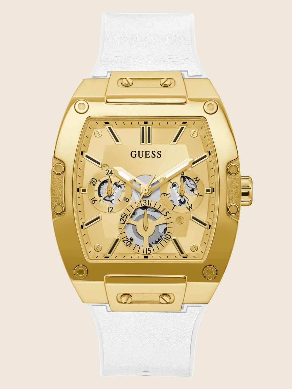 Gold-Tone and White Rectangular Multifunction Watch - Guess