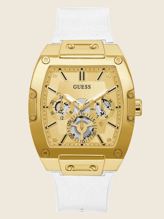 Gold-Tone and White Rectangular Multifunction Watch - Guess