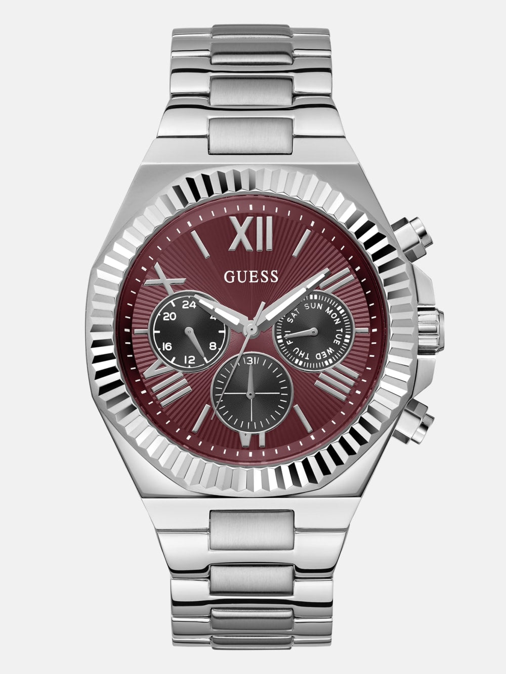 Silver-Tone and Maroon Multifunction Watch - Guess