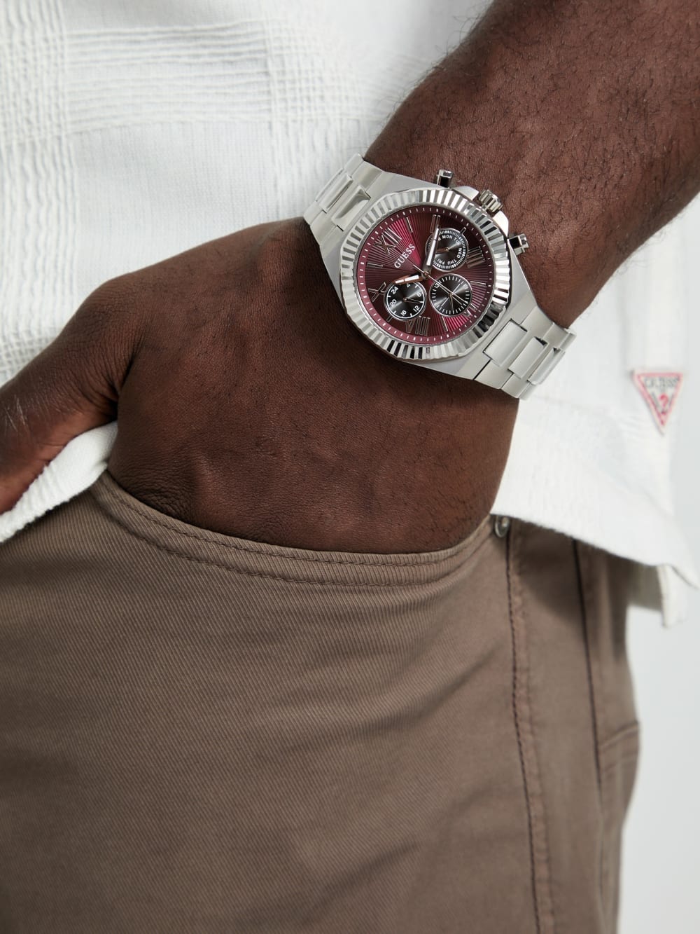 Silver-Tone and Maroon Multifunction Watch - Guess