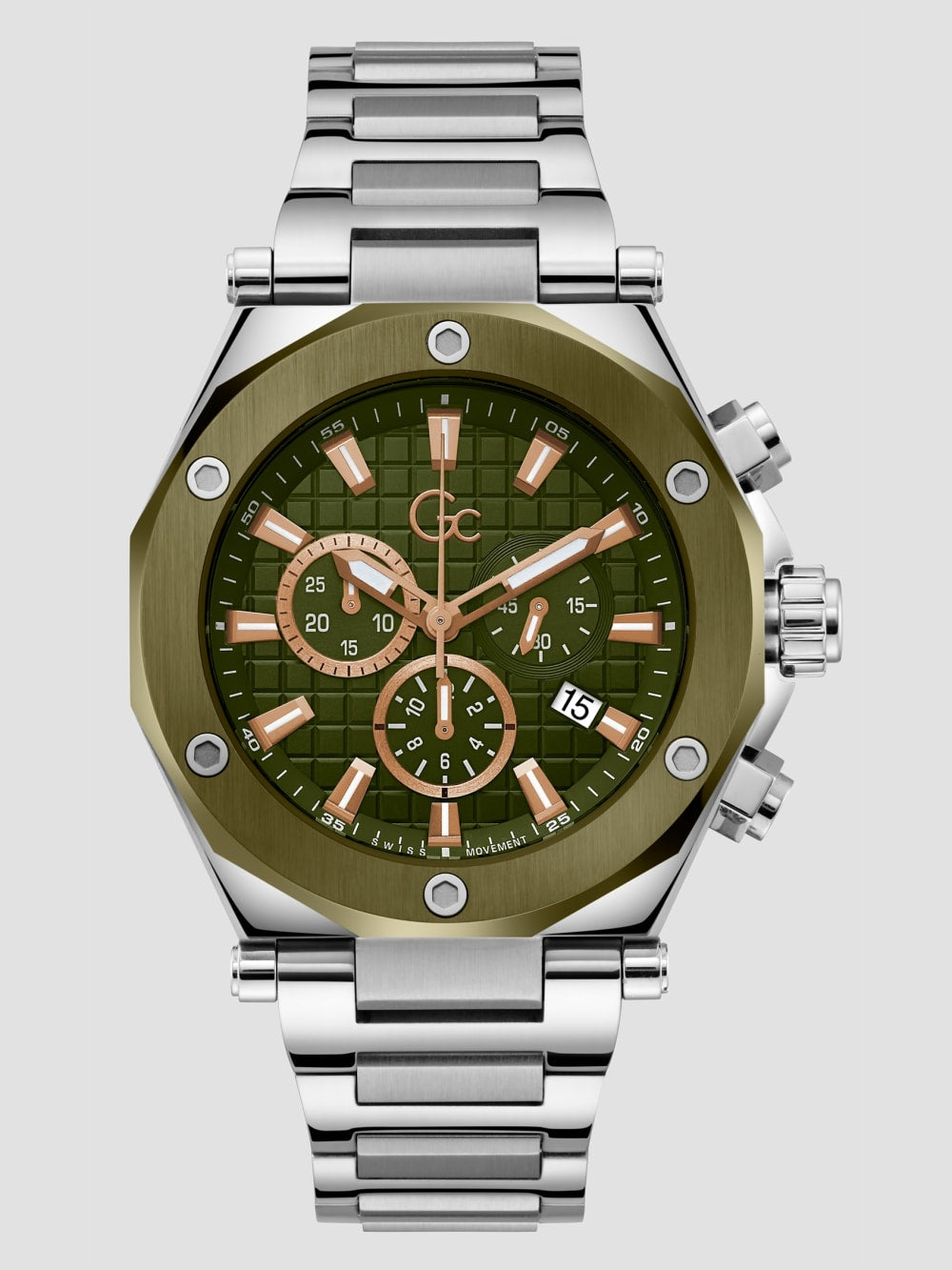 Gc Silver and Green-Tone Metal Chronograph Watch - Guess