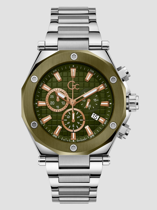 Gc Silver and Green-Tone Metal Chronograph Watch - Guess