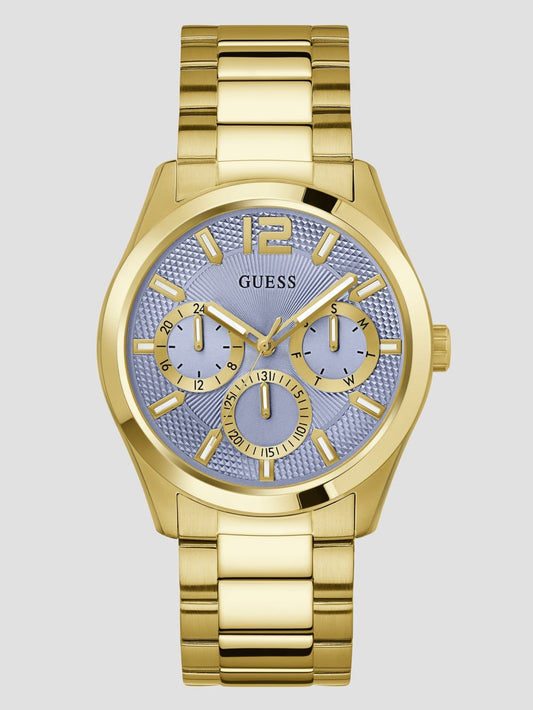 Gold-Tone and Textured Blue Multifunction Watch - Guess
